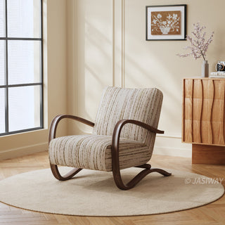 JASIWAY mid-century modern accent chair featuring a sculptural curve wood frame, upholstered in a durable, multi-tonal textured fabric with subtle stripes, perfect as a stylish seating addition for modern living rooms or reading nooks.-Three-quarter view