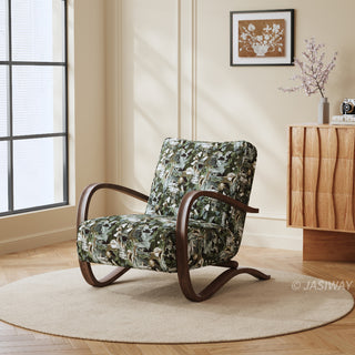 JASIWAY mid-century modern accent chair featuring a sculptural curve wood frame, upholstered in a durable, multi-tonal textured fabric with subtle stripes, perfect as a stylish seating addition for modern living rooms or reading nooks.-Three-quarter view