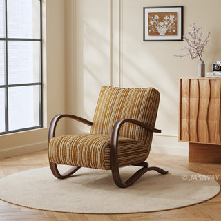 JASIWAY mid-century modern accent chair featuring a sculptural curve wood frame, upholstered in a durable, multi-tonal textured fabric with subtle stripes, perfect as a stylish seating addition for modern living rooms or reading nooks.-Three-quarter view