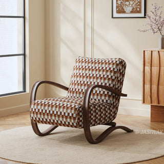 JASIWAY mid-century modern accent chair featuring a sculptural curve wood frame, upholstered in a durable, multi-tonal textured fabric with subtle stripes, perfect as a stylish seating addition for modern living rooms or reading nooks.-Three-quarter view