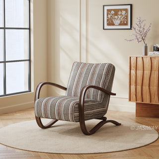 JASIWAY mid-century modern accent chair featuring a sculptural curve wood frame, upholstered in a durable, multi-tonal textured fabric with subtle stripes, perfect as a stylish seating addition for modern living rooms or reading nooks.-Three-quarter view