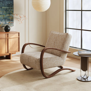JASIWAY mid-century modern accent chair featuring a sculptural curve wood frame, upholstered in a durable, multi-tonal textured fabric with subtle stripes, perfect as a stylish seating addition for modern living rooms or reading nooks.-Diagonal view