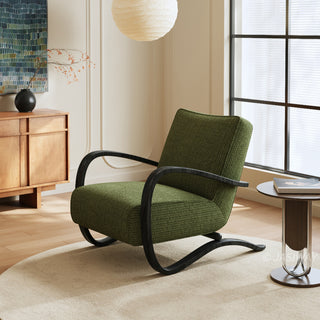 JASIWAY mid-century modern accent chair featuring a sculptural curve wood frame, upholstered in a durable, multi-tonal textured fabric with subtle stripes, perfect as a stylish seating addition for modern living rooms or reading nooks.-Diagonal view