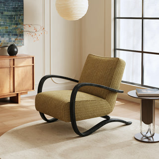 JASIWAY mid-century modern accent chair featuring a sculptural curve wood frame, upholstered in a durable, multi-tonal textured fabric with subtle stripes, perfect as a stylish seating addition for modern living rooms or reading nooks.-Diagonal view