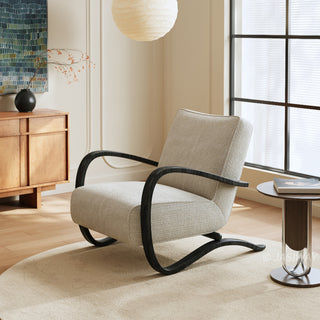 JASIWAY mid-century modern accent chair featuring a sculptural curve wood frame, upholstered in a durable, multi-tonal textured fabric with subtle stripes, perfect as a stylish seating addition for modern living rooms or reading nooks.-Diagonal view