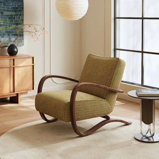JASIWAY mid-century modern accent chair featuring a sculptural curve wood frame, upholstered in a durable, multi-tonal textured fabric with subtle stripes, perfect as a stylish seating addition for modern living rooms or reading nooks.-Diagonal view