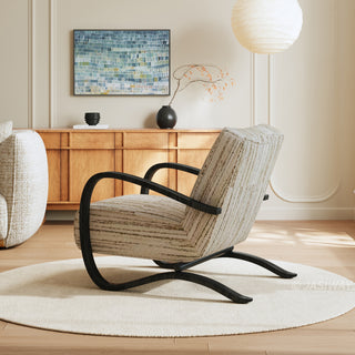 JASIWAY mid-century modern accent chair featuring a sculptural curve wood frame, upholstered in a durable, multi-tonal textured fabric with subtle stripes, perfect as a stylish seating addition for modern living rooms or reading nooks.-Side view