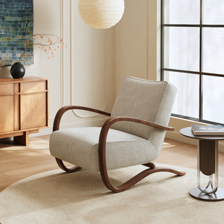 JASIWAY mid-century modern accent chair featuring a sculptural curve wood frame, upholstered in a durable, multi-tonal textured fabric with subtle stripes, perfect as a stylish seating addition for modern living rooms or reading nooks.-Diagonal view
