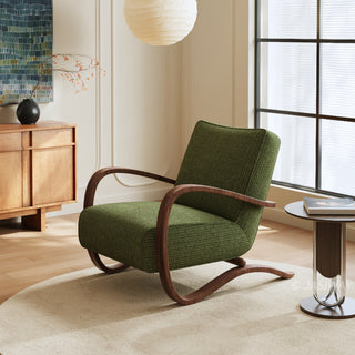 JASIWAY mid-century modern accent chair featuring a sculptural curve wood frame, upholstered in a durable, multi-tonal textured fabric with subtle stripes, perfect as a stylish seating addition for modern living rooms or reading nooks.-Diagonal view