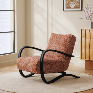 JASIWAY mid-century modern accent chair featuring a sculptural curve wood frame, upholstered in a durable, multi-tonal textured fabric with subtle stripes, perfect as a stylish seating addition for modern living rooms or reading nooks.-Three-quarter view