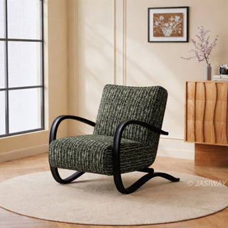 JASIWAY mid-century modern accent chair featuring a sculptural curve wood frame, upholstered in a durable, multi-tonal textured fabric with subtle stripes, perfect as a stylish seating addition for modern living rooms or reading nooks.-Three-quarter view