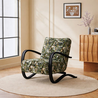 JASIWAY mid-century modern accent chair featuring a sculptural curve wood frame, upholstered in a durable, multi-tonal textured fabric with subtle stripes, perfect as a stylish seating addition for modern living rooms or reading nooks.-Three-quarter view