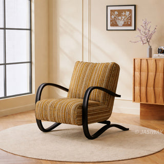 JASIWAY mid-century modern accent chair featuring a sculptural curve wood frame, upholstered in a durable, multi-tonal textured fabric with subtle stripes, perfect as a stylish seating addition for modern living rooms or reading nooks.-Three-quarter view