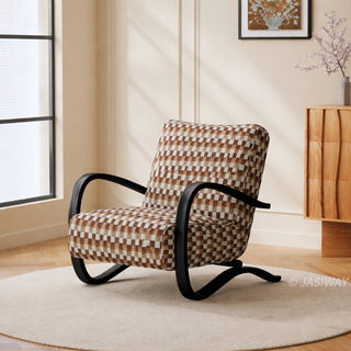 JASIWAY mid-century modern accent chair featuring a sculptural curve wood frame, upholstered in a durable, multi-tonal textured fabric with subtle stripes, perfect as a stylish seating addition for modern living rooms or reading nooks.-Three-quarter view