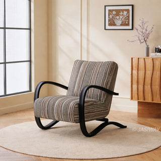 JASIWAY mid-century modern accent chair featuring a sculptural curve wood frame, upholstered in a durable, multi-tonal textured fabric with subtle stripes, perfect as a stylish seating addition for modern living rooms or reading nooks.-Three-quarter view
