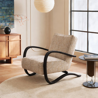 JASIWAY mid-century modern accent chair featuring a sculptural curve wood frame, upholstered in a durable, multi-tonal textured fabric with subtle stripes, perfect as a stylish seating addition for modern living rooms or reading nooks.-Diagonal view