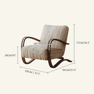 JASIWAY mid-century modern accent chair featuring a sculptural curve wood frame, upholstered in a durable, multi-tonal textured fabric with subtle stripes, perfect as a stylish seating addition for modern living rooms or reading nooks.-Dimensions chart