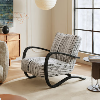 JASIWAY mid-century modern accent chair featuring a sculptural curve wood frame, upholstered in a durable, multi-tonal textured fabric with subtle stripes, perfect as a stylish seating addition for modern living rooms or reading nooks.-Diagonal view