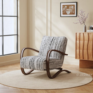 JASIWAY mid-century modern accent chair featuring a sculptural curve wood frame, upholstered in a durable, multi-tonal textured fabric with subtle stripes, perfect as a stylish seating addition for modern living rooms or reading nooks.-Three-quarter view