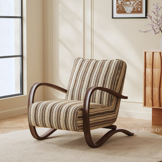 JASIWAY mid-century modern accent chair featuring a sculptural curve wood frame, upholstered in a durable, multi-tonal textured fabric with subtle stripes, perfect as a stylish seating addition for modern living rooms or reading nooks.-Three-quarter view
