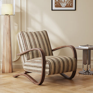 JASIWAY mid-century modern accent chair featuring a sculptural curve wood frame, upholstered in a durable, multi-tonal textured fabric with subtle stripes, perfect as a stylish seating addition for modern living rooms or reading nooks.-Three-quarter view