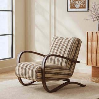 JASIWAY mid-century modern accent chair featuring a sculptural curve wood frame, upholstered in a durable, multi-tonal textured fabric with subtle stripes, perfect as a stylish seating addition for modern living rooms or reading nooks.-Diagonal view