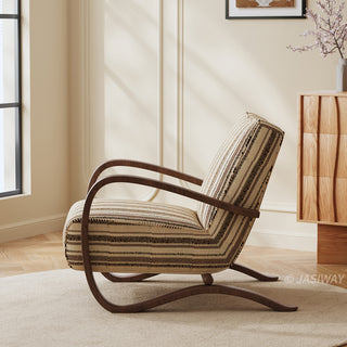 JASIWAY mid-century modern accent chair featuring a sculptural curve wood frame, upholstered in a durable, multi-tonal textured fabric with subtle stripes, perfect as a stylish seating addition for modern living rooms or reading nooks.-Side view