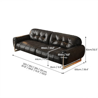 JASIWAY mid-century modern 3-seater sofa in rich vintage brown leather, featuring deep-seated cushions with classic tufted backrest detailing, thick rolled arms accented by sleek vertical metal legs, and an elegant low-profile silhouette designed for high-end residential interiors.-Dimensions chart