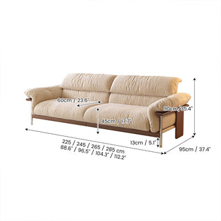 JASIWAY mid-century modern 3-seater sofa featuring textured chenille upholstery, sculptural curved armrests with integrated solid wood supports, and a low-profile exposed timber base frame accented by slender polished metal legs.-Dimensions chart