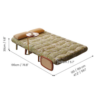 JASIWAY mid-century modern convertible sleeper chair bed upholstered in premium botanical jacquard fabric with olive green palm leaf patterns. Features a space-saving multi-functional design with an integrated swivel wooden side table, woven rattan armrest details, solid wood tapered legs, and a textured mustard lumbar support pillow. Ideal luxury accent sleeper lounger for high-end apartment living and compact spaces.-Dimensions chart
