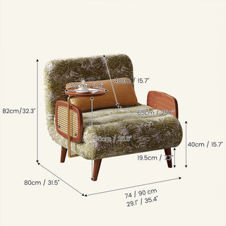 JASIWAY mid-century modern convertible sleeper chair bed upholstered in premium botanical jacquard fabric with olive green palm leaf patterns. Features a space-saving multi-functional design with an integrated swivel wooden side table, woven rattan armrest details, solid wood tapered legs, and a textured mustard lumbar support pillow. Ideal luxury accent sleeper lounger for high-end apartment living and compact spaces.-Dimensions chart