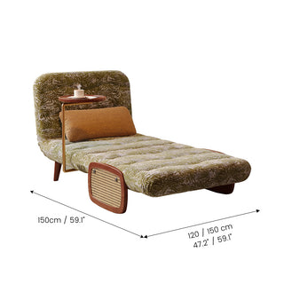 JASIWAY mid-century modern convertible sleeper chair bed upholstered in premium botanical jacquard fabric with olive green palm leaf patterns. Features a space-saving multi-functional design with an integrated swivel wooden side table, woven rattan armrest details, solid wood tapered legs, and a textured mustard lumbar support pillow. Ideal luxury accent sleeper lounger for high-end apartment living and compact spaces.-Dimensions chart