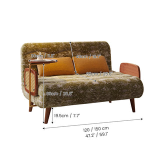 JASIWAY mid-century modern convertible sleeper chair bed upholstered in premium botanical jacquard fabric with olive green palm leaf patterns. Features a space-saving multi-functional design with an integrated swivel wooden side table, woven rattan armrest details, solid wood tapered legs, and a textured mustard lumbar support pillow. Ideal luxury accent sleeper lounger for high-end apartment living and compact spaces.-Dimensions chart