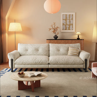 JASIWAY mid-century modern deep seat sofa featuring premium textured chenille upholstery, plush tufted back cushions, and architectural solid wood legs. This contemporary 3-seater couch combines minimalist aesthetic with a deep-set lounge profile for luxury living room seating.-Front view