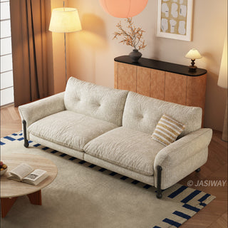 JASIWAY mid-century modern deep seat sofa featuring premium textured chenille upholstery, plush tufted back cushions, and architectural solid wood legs. This contemporary 3-seater couch combines minimalist aesthetic with a deep-set lounge profile for luxury living room seating.-High-angle view