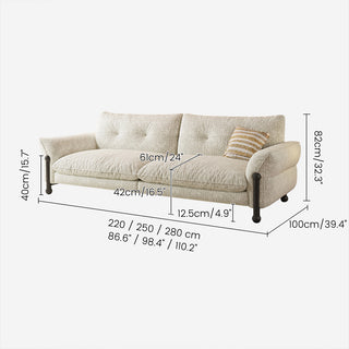 JASIWAY mid-century modern deep seat sofa featuring premium textured chenille upholstery, plush tufted back cushions, and architectural solid wood legs. This contemporary 3-seater couch combines minimalist aesthetic with a deep-set lounge profile for luxury living room seating.-Dimensions chart
