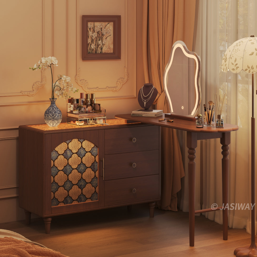 JASIWAY Mid-Century Modern Extendable Vanity Desk with Mirror | Solid Wood Makeup Vanity Table with Drawers & Glass Storage Cabinet Compact