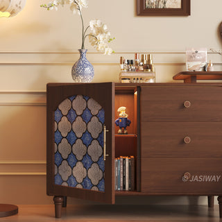 Mid-century modern solid wood makeup vanity table featuring an extendable desktop and integrated storage chest with decorative glass door, complemented by tapered legs and a space-saving telescopic configuration suitable for versatile bedroom storage.-Medium shot