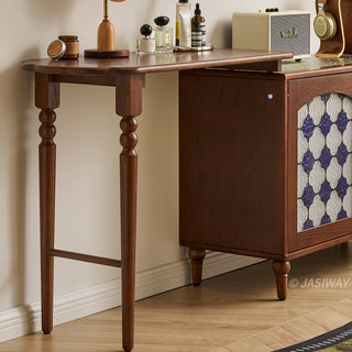Mid-century modern solid wood makeup vanity table featuring an extendable desktop and integrated storage chest with decorative glass door, complemented by tapered legs and a space-saving telescopic configuration suitable for versatile bedroom storage.-Medium shot of legs