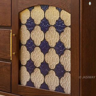 Mid-century modern solid wood makeup vanity table featuring an extendable desktop and integrated storage chest with decorative glass door, complemented by tapered legs and a space-saving telescopic configuration suitable for versatile bedroom storage.-Close-up