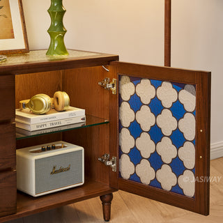 Mid-century modern solid wood makeup vanity table featuring an extendable desktop and integrated storage chest with decorative glass door, complemented by tapered legs and a space-saving telescopic configuration suitable for versatile bedroom storage.-Close-up of cabinet