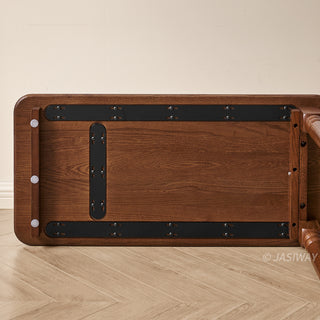Mid-century modern solid wood makeup vanity table featuring an extendable desktop and integrated storage chest with decorative glass door, complemented by tapered legs and a space-saving telescopic configuration suitable for versatile bedroom storage.-Close-up of rear panel