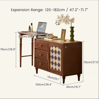 JASIWAY Mid-Century Modern Extendable Vanity Desk with Mirror | Solid Wood Makeup Vanity Table with Drawers & Glass Storage Cabinet
