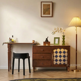 Mid-century modern solid wood makeup vanity table featuring an extendable desktop and integrated storage chest with decorative glass door, complemented by tapered legs and a space-saving telescopic configuration suitable for versatile bedroom storage.-Front view without mirror