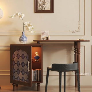Mid-century modern solid wood makeup vanity table featuring an extendable desktop and integrated storage chest with decorative glass door, complemented by tapered legs and a space-saving telescopic configuration suitable for versatile bedroom storage.-Front view without mirror