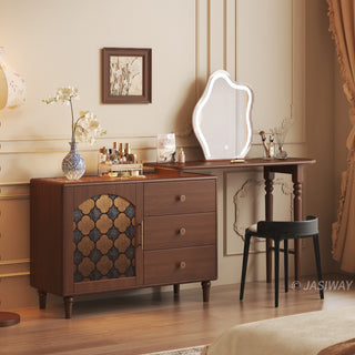 JASIWAY Mid-Century Modern Extendable Vanity Desk with Mirror | Solid Wood Makeup Vanity Table with Drawers & Glass Storage Cabinet