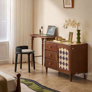 Mid-century modern solid wood makeup vanity table featuring an extendable desktop and integrated storage chest with decorative glass door, complemented by tapered legs and a space-saving telescopic configuration suitable for versatile bedroom storage.-Diagonal view