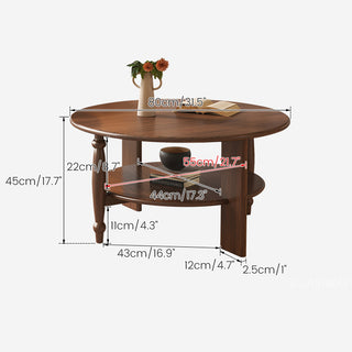 JASIWAY mid-century modern round coffee table set crafted from rich walnut-finished solid wood, a lower open storage shelf holding books, and an architectural leg design with elegant turned wood detailing. The tall, slim accent end table showcases a matching round wooden top supported by a sculptural pedestal base with a dark metal floor plate, styled alongside a warm contemporary living room sofa.-Dimensions chart