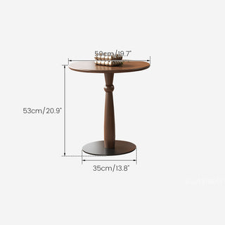 JASIWAY mid-century modern round coffee table set crafted from rich walnut-finished solid wood, a lower open storage shelf holding books, and an architectural leg design with elegant turned wood detailing. The tall, slim accent end table showcases a matching round wooden top supported by a sculptural pedestal base with a dark metal floor plate, styled alongside a warm contemporary living room sofa.-Dimensions chart