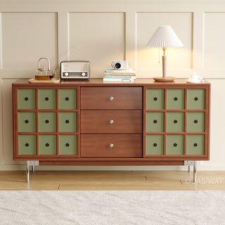 JASIWAY mid-century modern sideboard cabinet featuring warm wood finish, three spacious center drawers with metal knobs, and two olive green lattice-design sliding doors, serves as a stylish credenza for living rooms, dining rooms, or entryways, blending retro aesthetics with functional home organization.-Front view